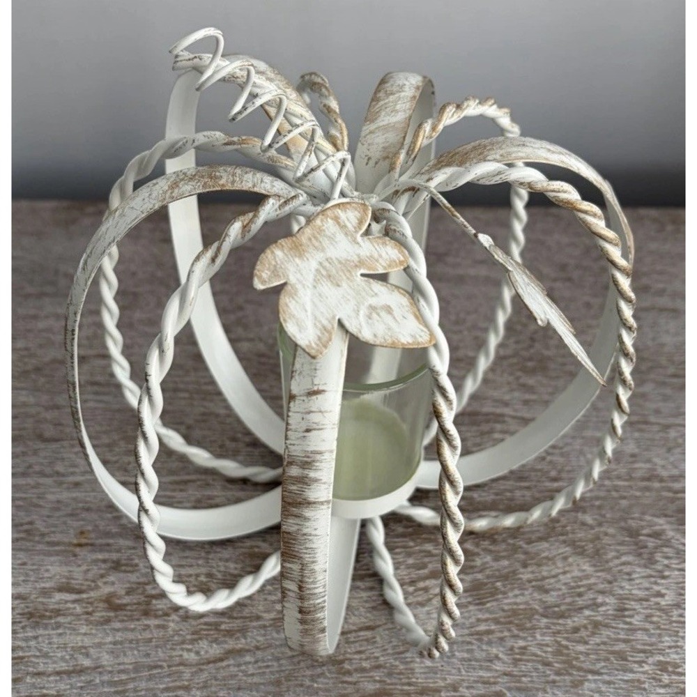 Pumpkin Candle Holder White Gold Distressed Metal Wire Fall Decor